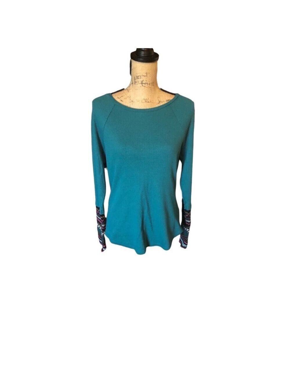 BeachLunchLounge Waffle Knit Thermal Top Knit Cuffs, Size Medium, Turquoise